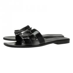 مملوكة مسبقًا Hermes Black Leather Oran Flat Sandals Size 40.5