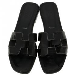 مملوكة مسبقًا Hermes Black Leather Oran Flat Sandals Size 40.5
