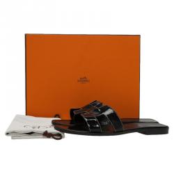 مملوكة مسبقًا Hermes Black Leather Oran Flat Sandals Size 40.5