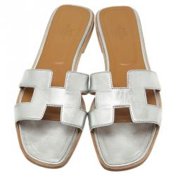 Hermes Metallic Silver Leather Oran Flat Sandals Size 40.5