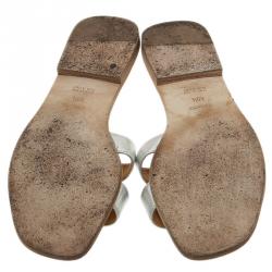 Hermes Metallic Silver Leather Oran Flat Sandals Size 40.5