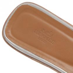 Hermes Metallic Silver Leather Oran Flat Sandals Size 40.5