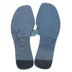 Pre Owned صندل سلايد هيرمس أوران جلد لامع أزرق فاتح مقاس 36.5