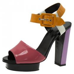Hermes Multicolor Patent Leather Ankle Strap Platform Sandals Size 38