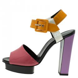 Hermes Multicolor Patent Leather Ankle Strap Platform Sandals Size 38