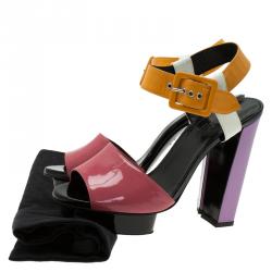 Hermes Multicolor Patent Leather Ankle Strap Platform Sandals Size 38
