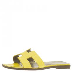 Hermes Yellow Croc Embossed Oran Box Sandals Size 37