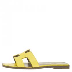 Hermes Yellow Croc Embossed Oran Box Sandals Size 37
