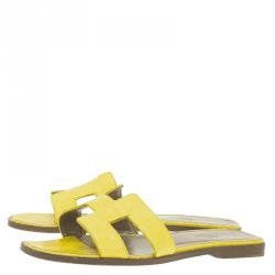 Hermes Yellow Croc Embossed Oran Box Sandals Size 37