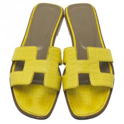 Hermes Yellow Croc Embossed Oran Box Sandals Size 37