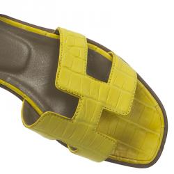Hermes Yellow Croc Embossed Oran Box Sandals Size 37