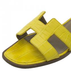 Hermes Yellow Croc Embossed Oran Box Sandals Size 37