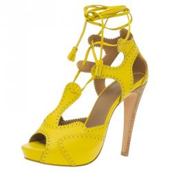 Hermes Yellow Brogue Leather Lace Up Sandals Size 37