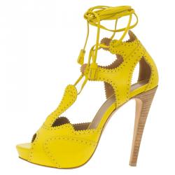 Hermes Yellow Brogue Leather Lace Up Sandals Size 37