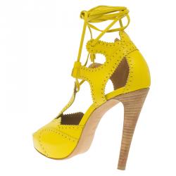 Hermes Yellow Brogue Leather Lace Up Sandals Size 37