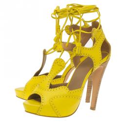 Hermes Yellow Brogue Leather Lace Up Sandals Size 37