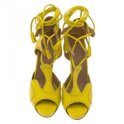 Hermes Yellow Brogue Leather Lace Up Sandals Size 37