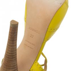 Hermes Yellow Brogue Leather Lace Up Sandals Size 37