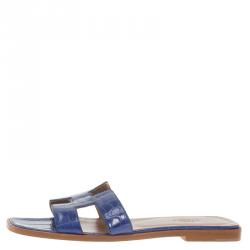 Pre Owned صندل سلايد هيرمس أوران بوكس نقشة التمساح أزرق مقاس 37.5