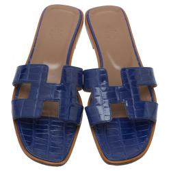 Pre Owned صندل سلايد هيرمس أوران بوكس نقشة التمساح أزرق مقاس 37.5