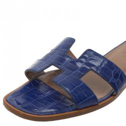 Pre Owned صندل سلايد هيرمس أوران بوكس نقشة التمساح أزرق مقاس 37.5