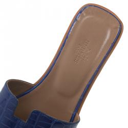 Pre Owned صندل سلايد هيرمس أوران بوكس نقشة التمساح أزرق مقاس 37.5