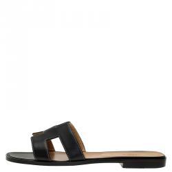 Pre Owned Hermes Black Leather Oran Sandals Size 41