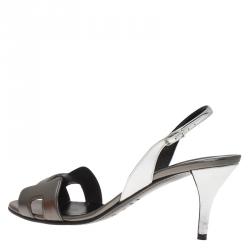 Hermes Grey Metallic Leather Night Slingback Sandals Size 39.5