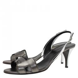 Hermes Grey Metallic Leather Night Slingback Sandals Size 39.5