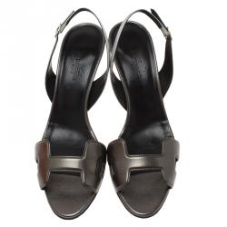 Hermes Grey Metallic Leather Night Slingback Sandals Size 39.5