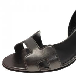 Hermes Grey Metallic Leather Night Slingback Sandals Size 39.5