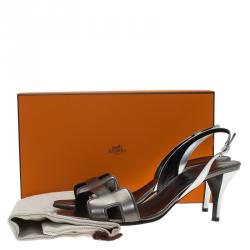 Hermes Grey Metallic Leather Night Slingback Sandals Size 39.5