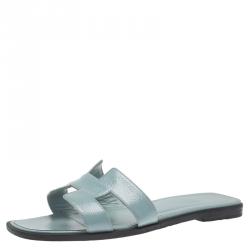 Pre Owned Hermes Sky Blue Epsom Calfskin Oran Sandals Size 36.5