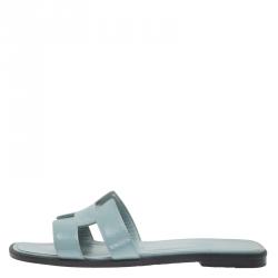 Pre Owned Hermes Sky Blue Epsom Calfskin Oran Sandals Size 36.5