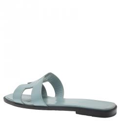 Pre Owned Hermes Sky Blue Epsom Calfskin Oran Sandals Size 36.5
