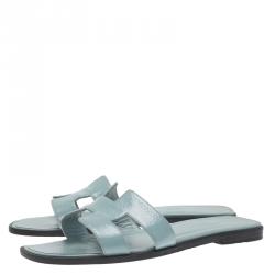 Pre Owned Hermes Sky Blue Epsom Calfskin Oran Sandals Size 36.5