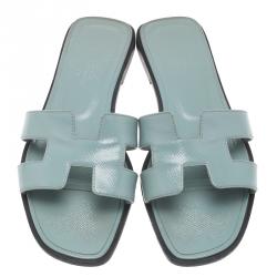 Pre Owned Hermes Sky Blue Epsom Calfskin Oran Sandals Size 36.5