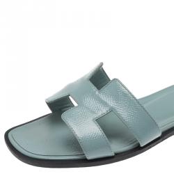 Pre Owned Hermes Sky Blue Epsom Calfskin Oran Sandals Size 36.5