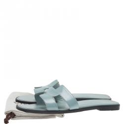 Pre Owned Hermes Sky Blue Epsom Calfskin Oran Sandals Size 36.5