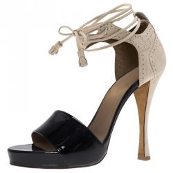 Hermes Black Patent and Beige Suede Tie Up Sandals Size 40