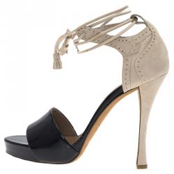 Hermes Black Patent and Beige Suede Tie Up Sandals Size 40