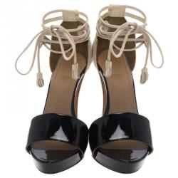 Hermes Black Patent and Beige Suede Tie Up Sandals Size 40