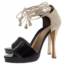 Hermes Black Patent and Beige Suede Tie Up Sandals Size 40