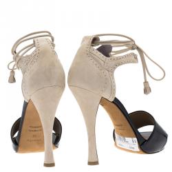 Hermes Black Patent and Beige Suede Tie Up Sandals Size 40
