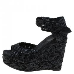 Hermes Black Braided Raffia Platform Wedges Size 38
