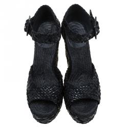 Hermes Black Braided Raffia Platform Wedges Size 38