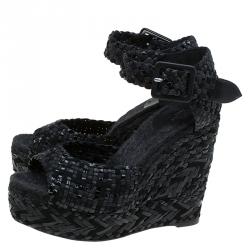 Hermes Black Braided Raffia Platform Wedges Size 38