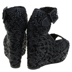 Hermes Black Braided Raffia Platform Wedges Size 38