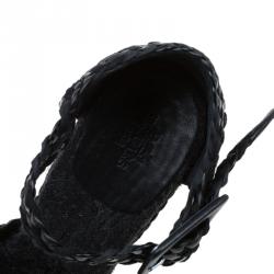 Hermes Black Braided Raffia Platform Wedges Size 38