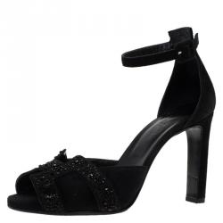 Hermes Black Embellished Suede Krystal Ankle Strap Sandals Size 37.5